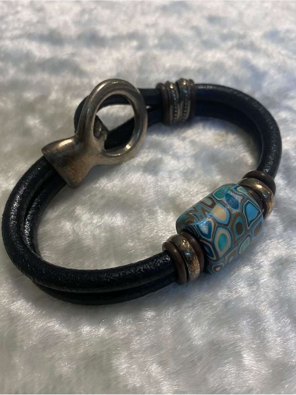 🍀Black Leather Bracelet with Blue Patterned Bead